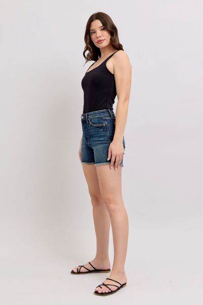 Judy Blue Tummy Control Fray Hem & Shield Back Pockets Denim Shorts - DaTrendStore.Com