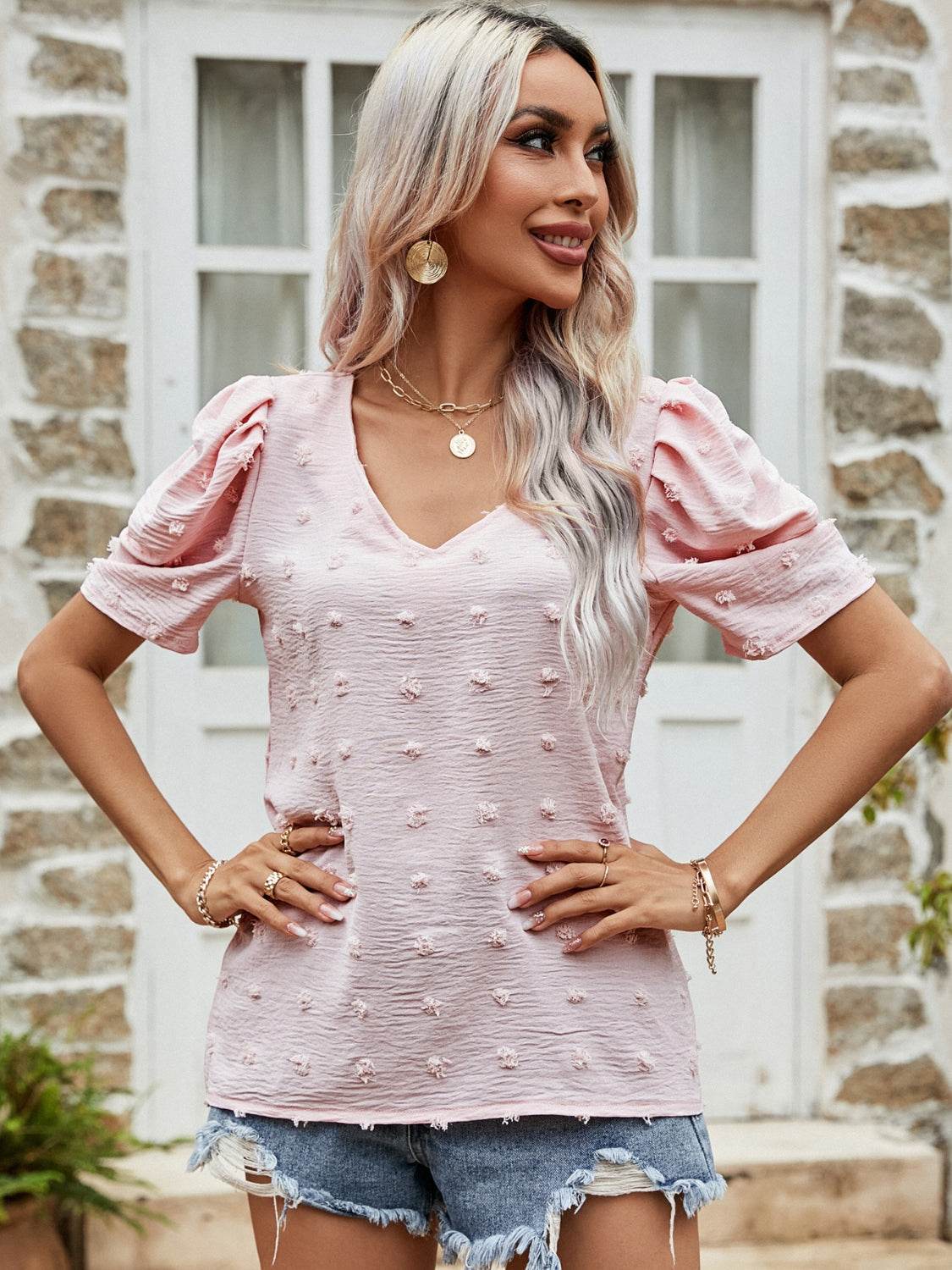 Swiss Dot Short Puff Sleeve Top - DaTrendStore.Com