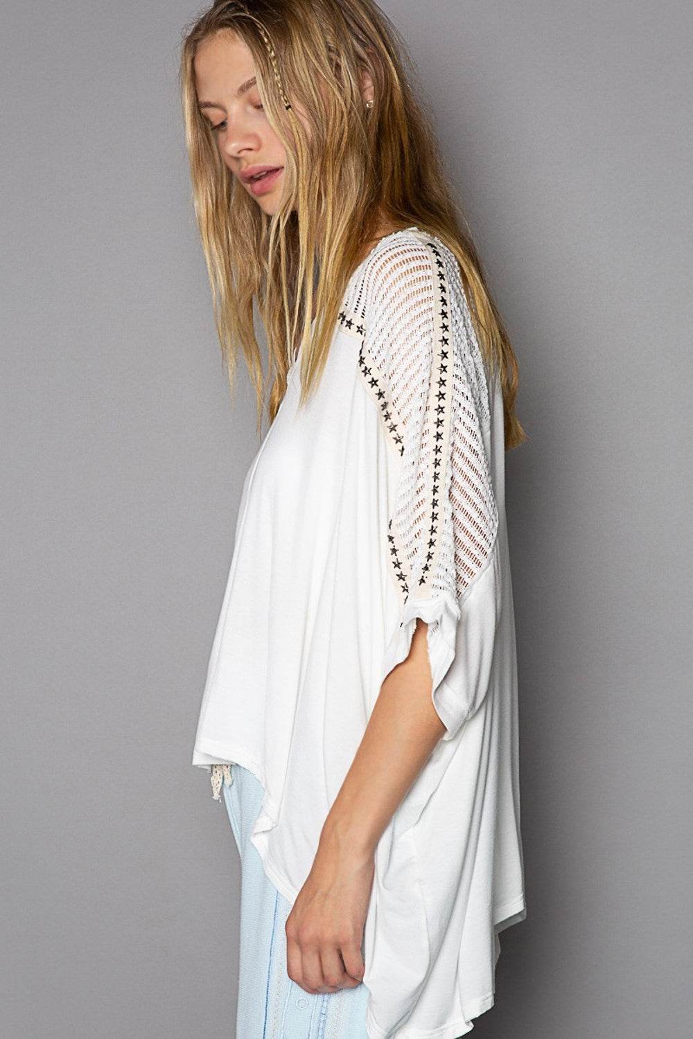 POL Oversize V-Neck Crochet Lace Contrast Studded Top - DaTrendStore.Com
