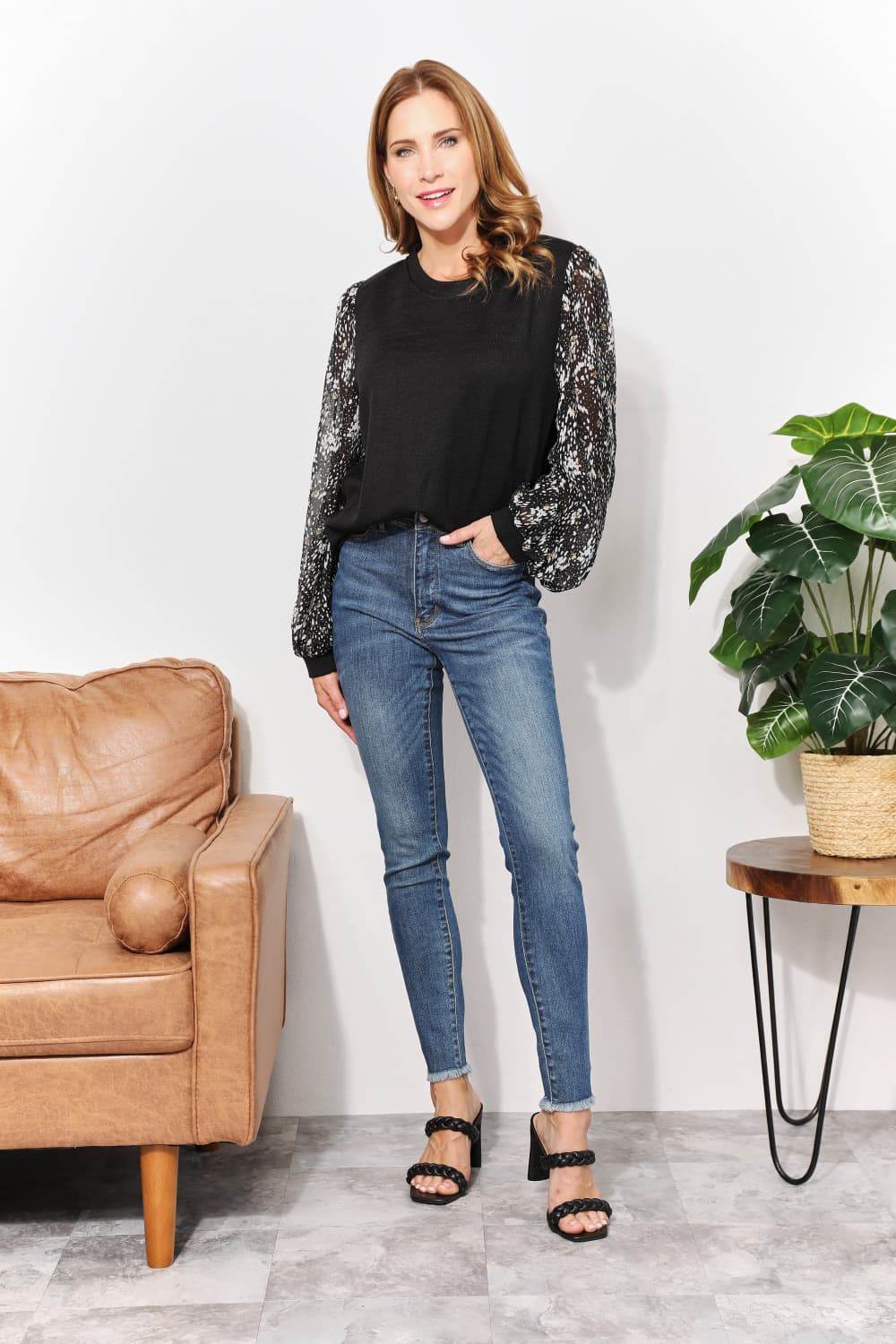 And The Why Full Size Foil Printed Sleeve Top - DaTrendStore.Com