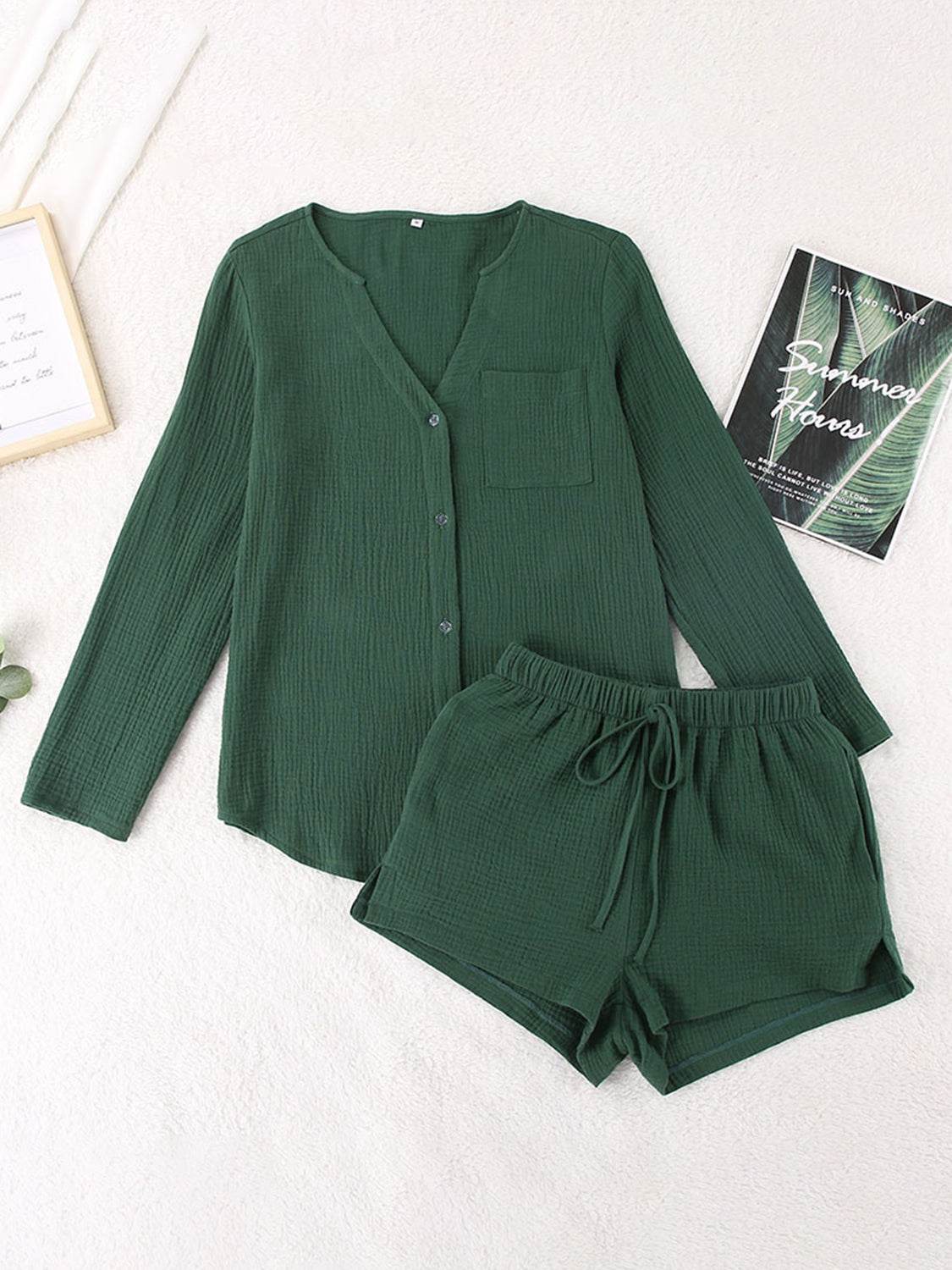 Notched Long Sleeve Top and Shorts Set - DaTrendStore.Com