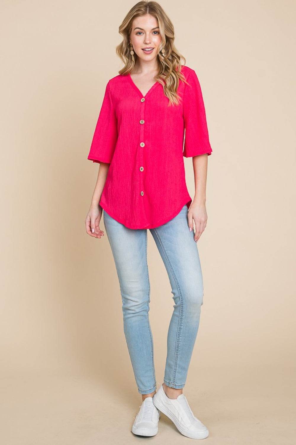 BOMBOM Texture Decorative Button V-Neck Top - DaTrendStore.Com