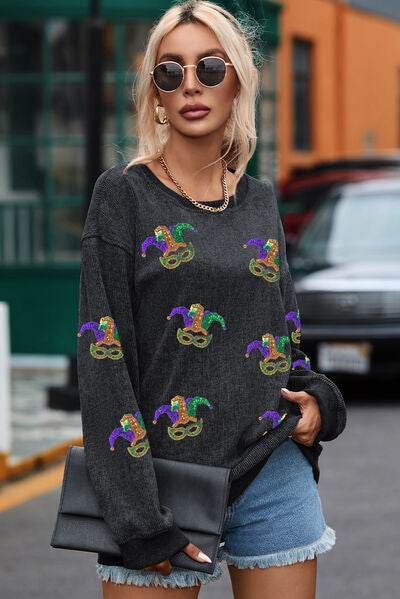 Sequin Round Neck Dropped Shoulder Sweatshirt - DaTrendStore.Com