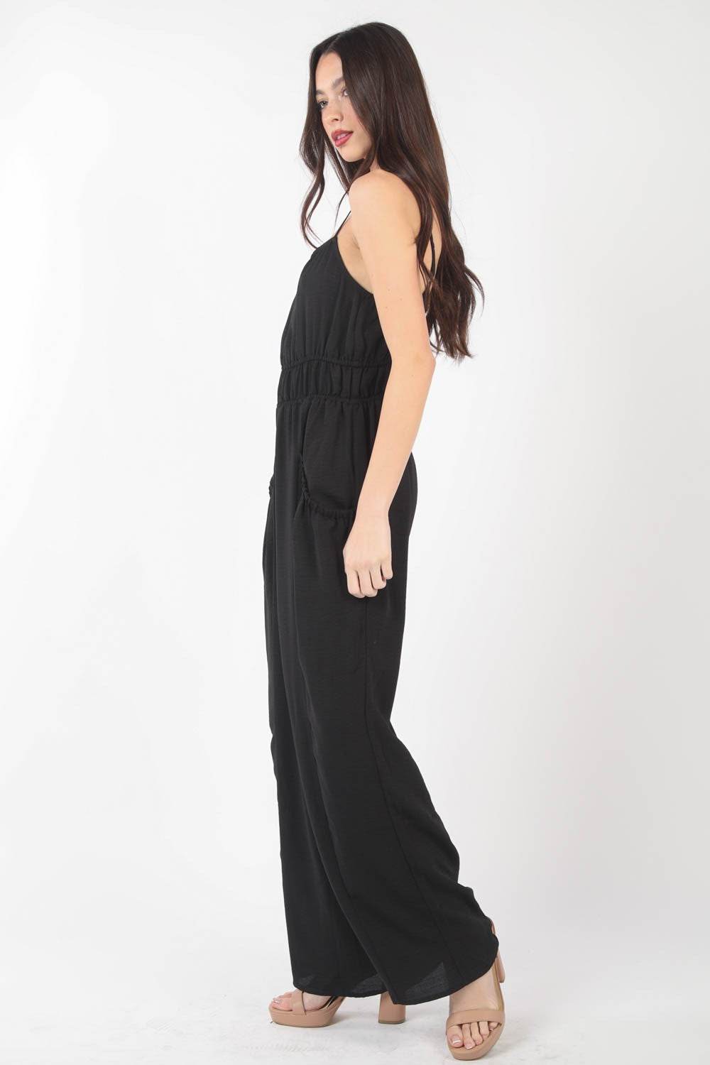 VERY J Pintuck Detail Woven Sleeveless Jumpsuit - DaTrendStore.Com