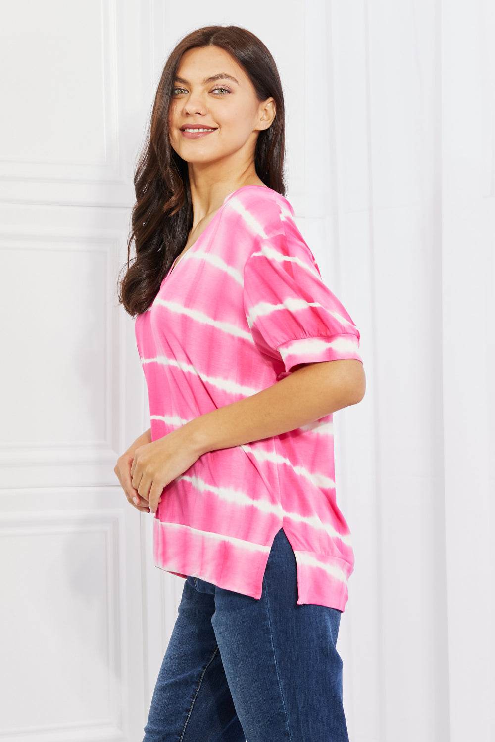 Yelete Full Size Oversized Fit V-Neck Striped Top - DaTrendStore.Com