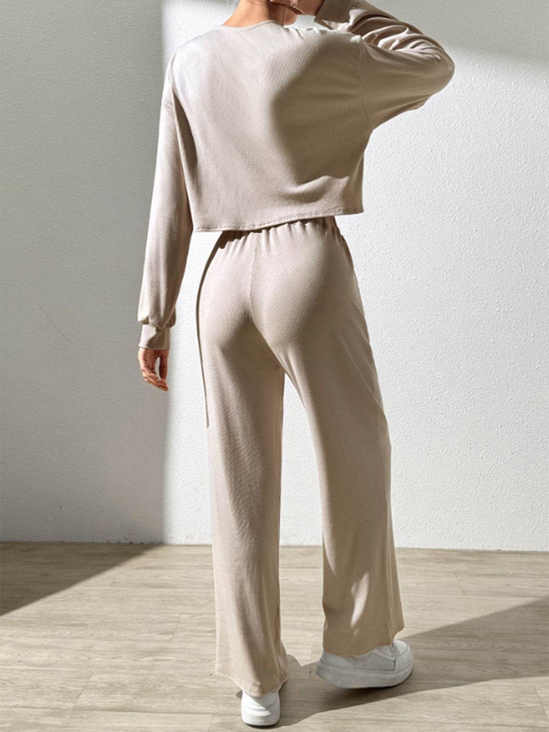 Half Button Long Sleeve Top and Pants Set - DaTrendStore.Com