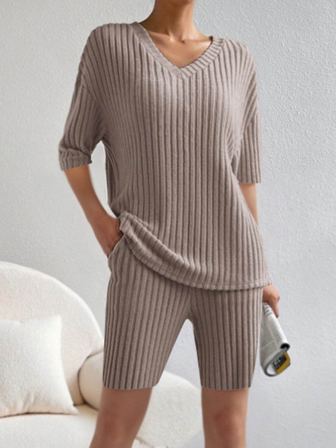 Ribbed V-Neck Top and Shorts Set - DaTrendStore.Com