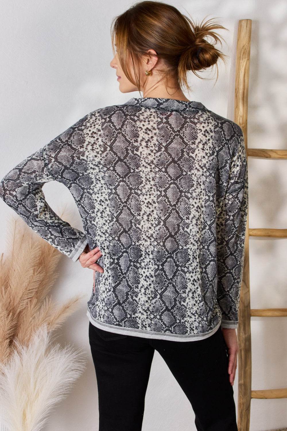 Hailey & Co Full Size Snakeskin V-Neck Long Sleeve Top - DaTrendStore.Com