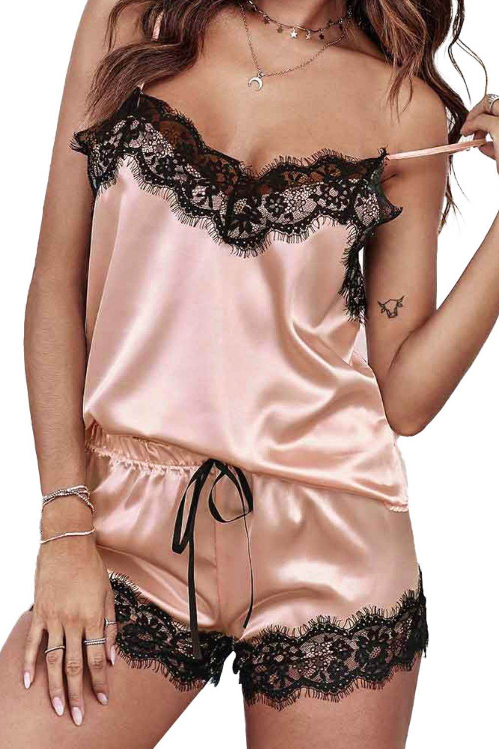 Lace Detail Spaghetti Strap Top and Shorts Lounge Set - DaTrendStore.Com