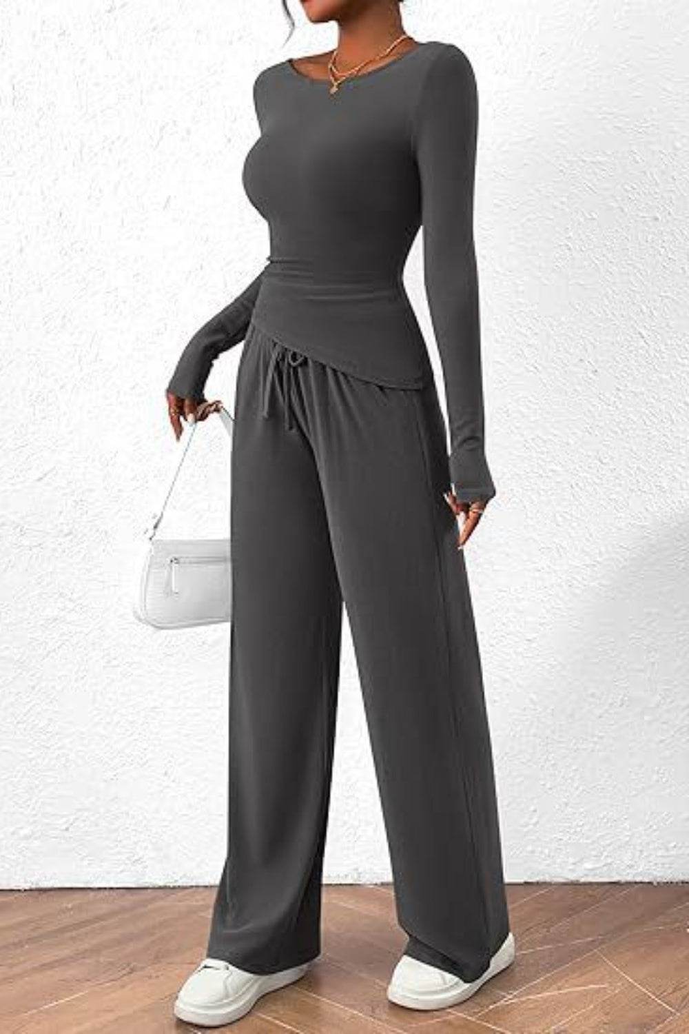 Round Neck Long Sleeve Top and Pants Set - DaTrendStore.Com