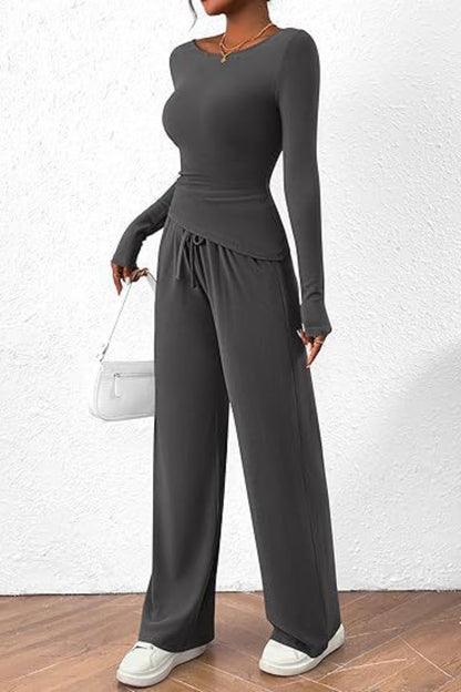 Round Neck Long Sleeve Top and Pants Set