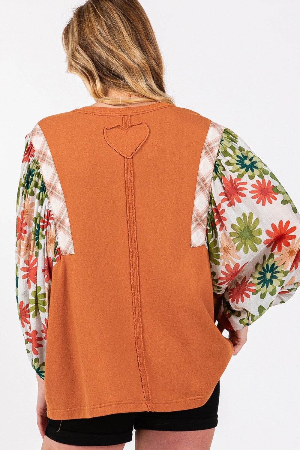 SAGE + FIG Full Size Printed Balloon Sleeve Contrast Top - DaTrendStore.Com