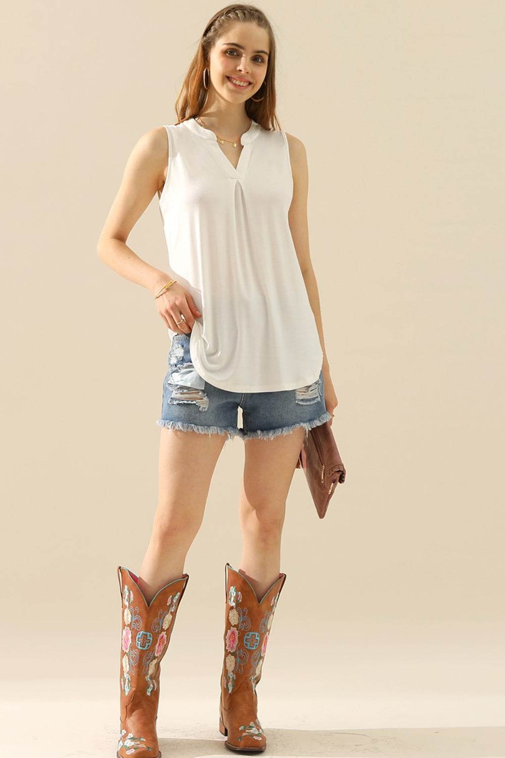 Ninexis Full Size Notched Sleeveless Top - DaTrendStore.Com