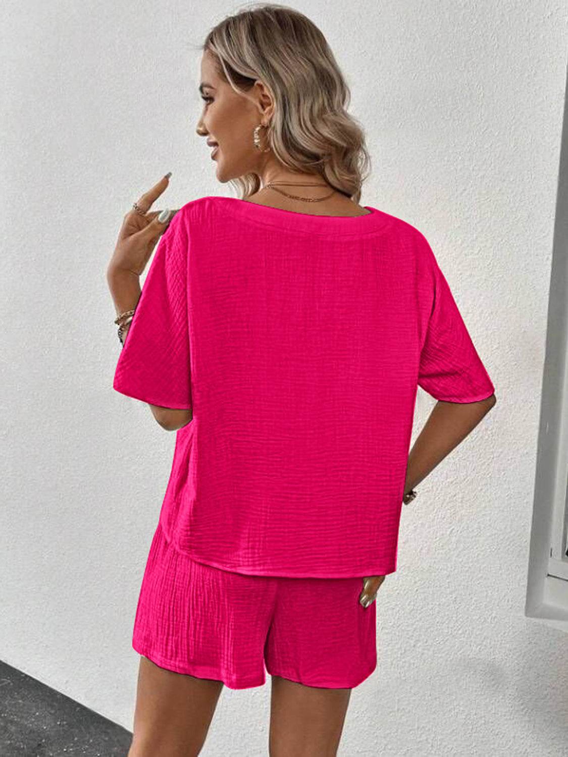 V-Neck Half Sleeve Top and Shorts Set - DaTrendStore.Com
