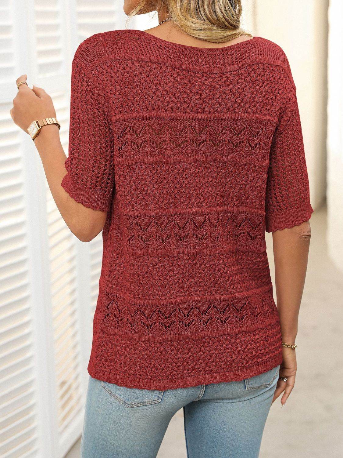 Openwork Round Neck Half Sleeve Knit Top - DaTrendStore.Com