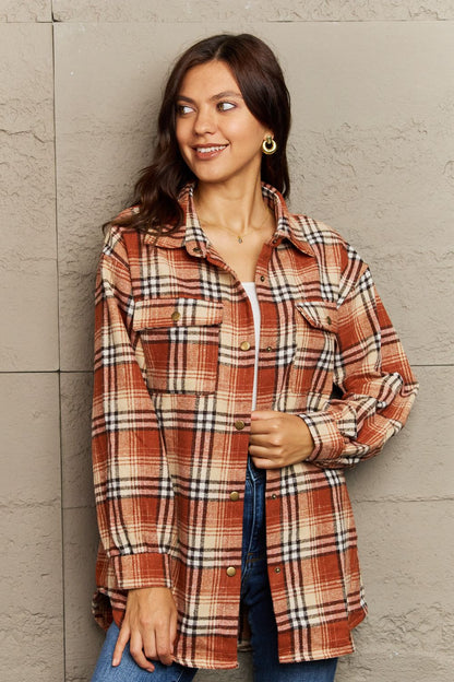 Ninexis Full Size Plaid Collared Neck Button-Down Long Sleeve Jacket