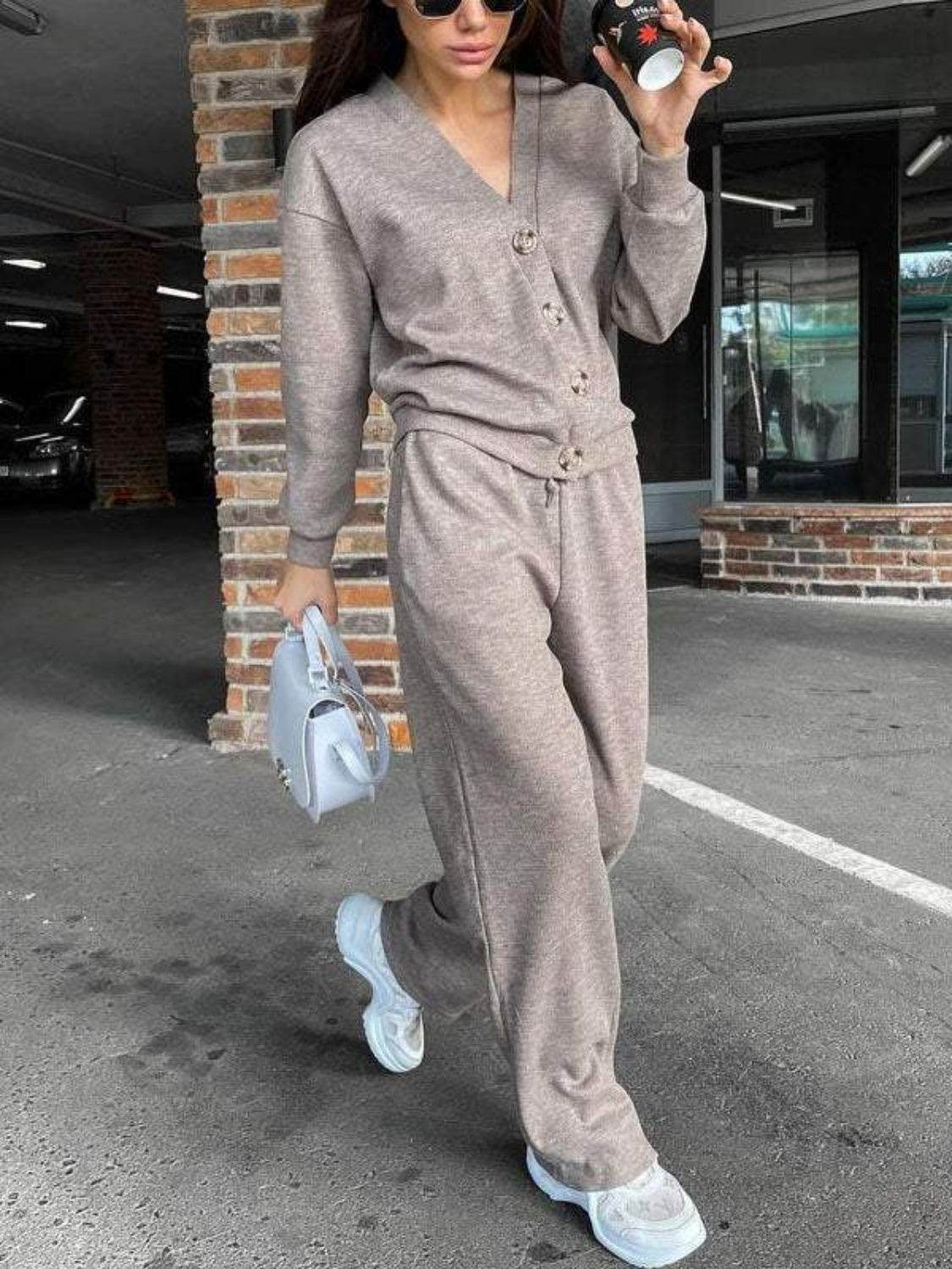 Full Size Button Up Long Sleeve Top and Pants Set - DaTrendStore.Com