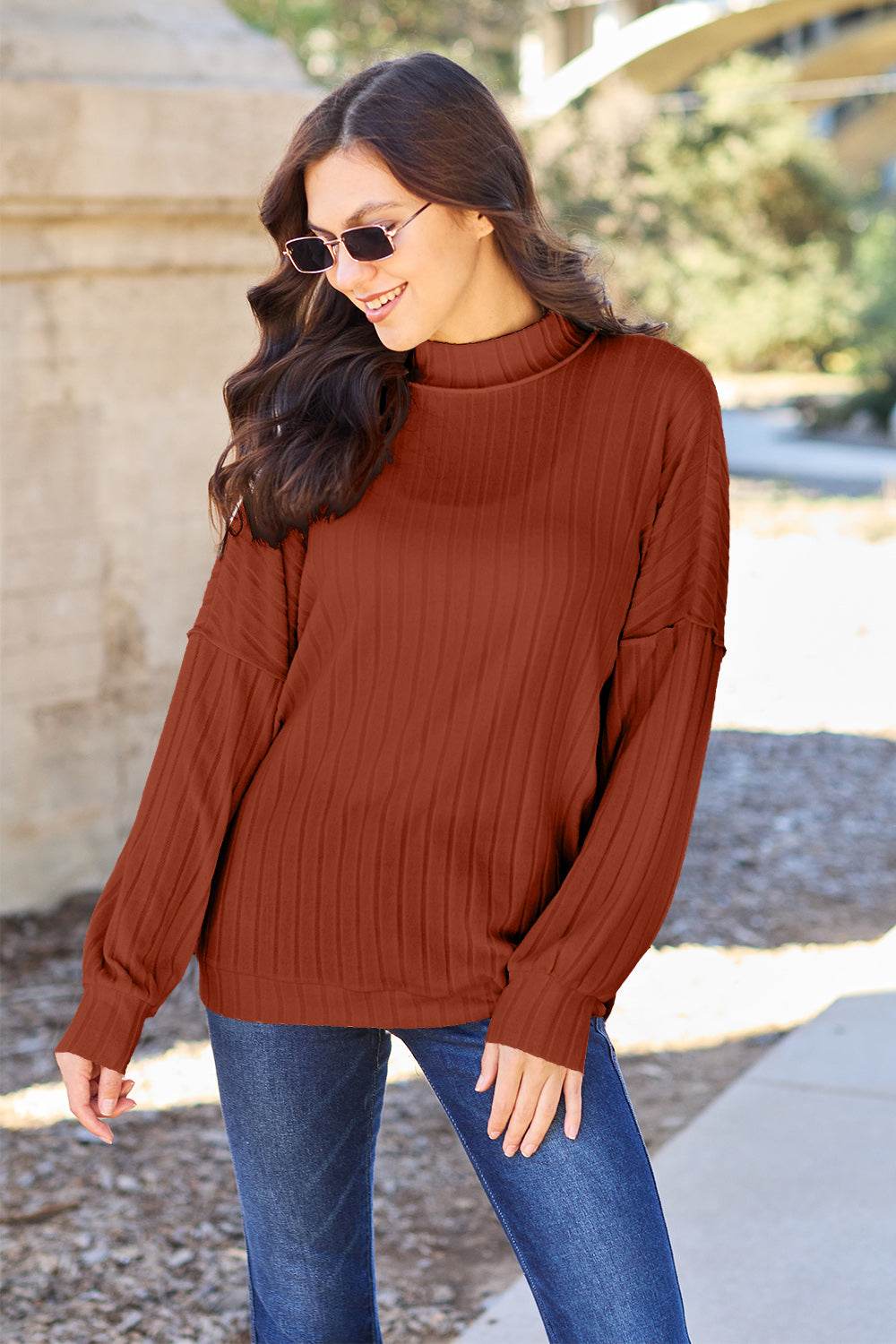Basic Bae Full Size Ribbed Exposed Seam Mock Neck Knit Top - DaTrendStore.Com