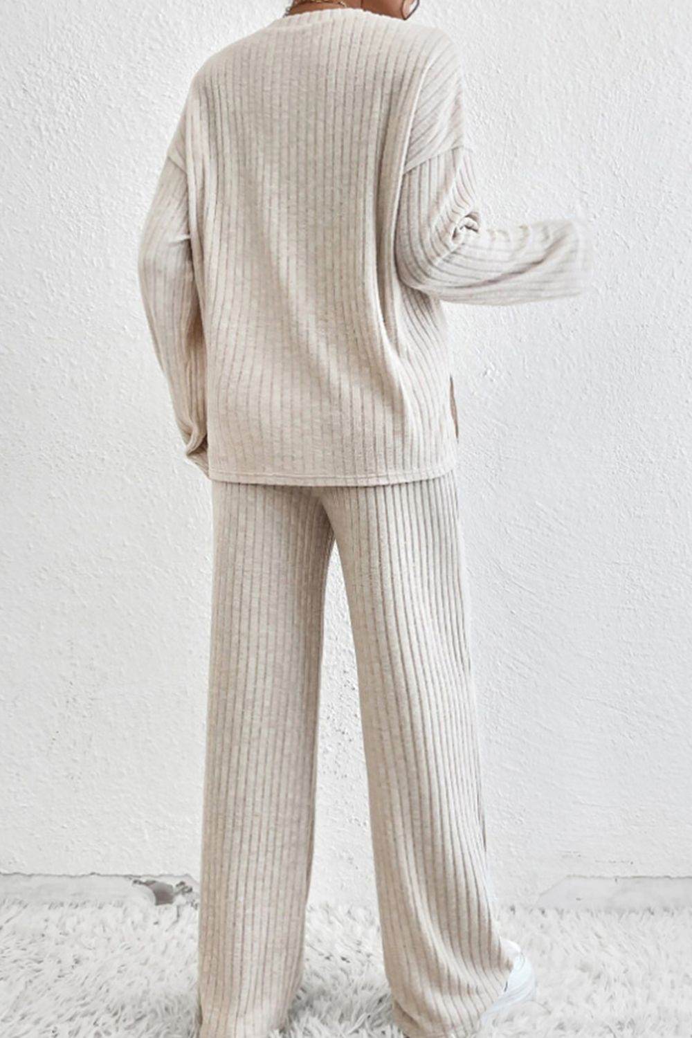 Ribbed Half Button Knit Top and Pants Set - DaTrendStore.Com