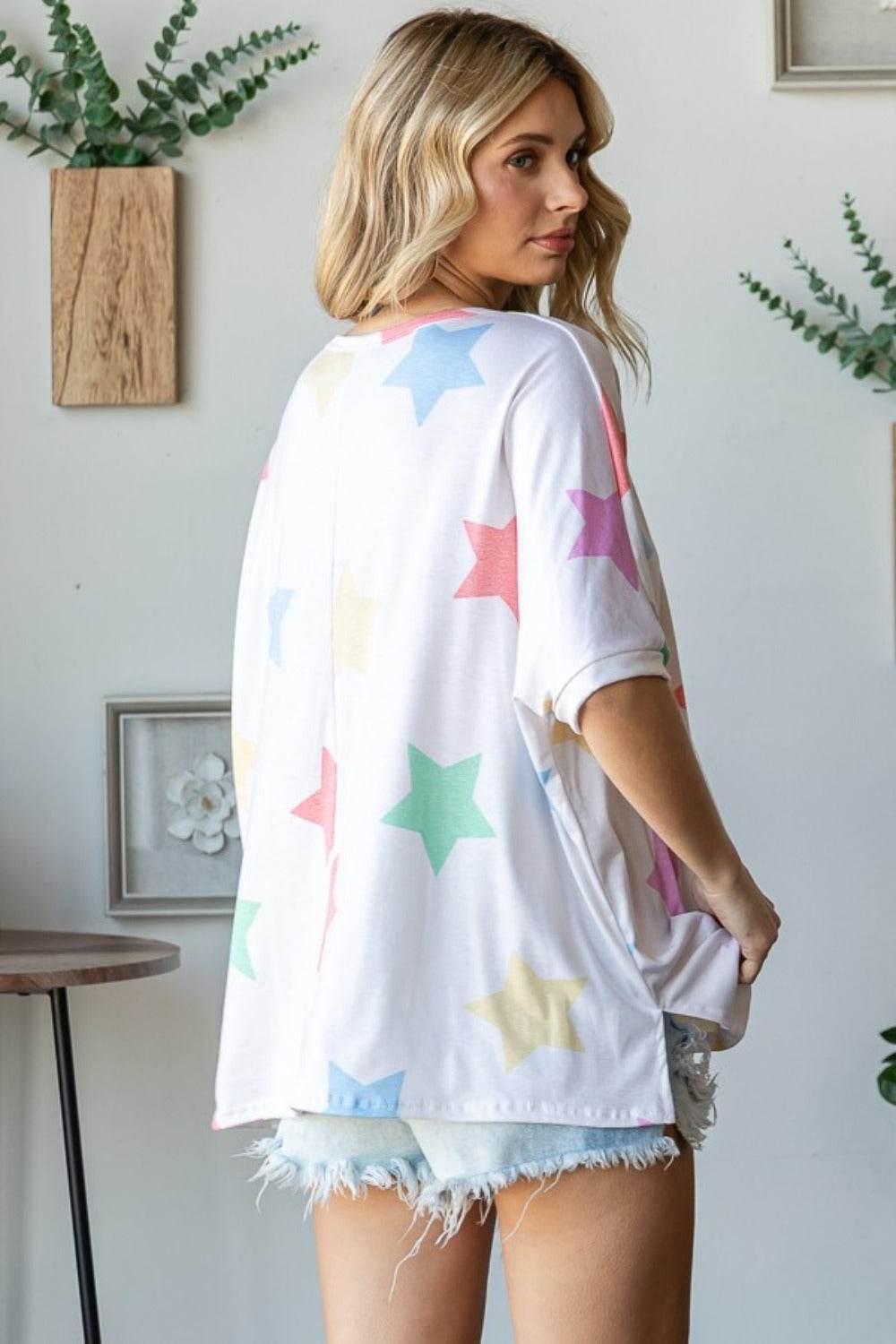 HOPELY Full Size Multi Colored Star Print T-Shirt - DaTrendStore.Com