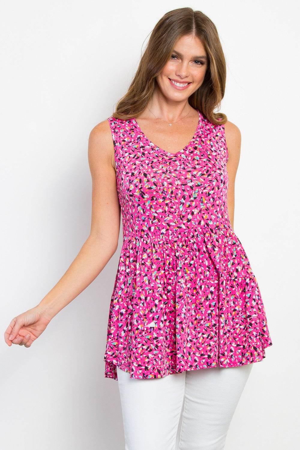 Be Stage Full Size Printed Tiered Sleeveless Top - DaTrendStore.Com