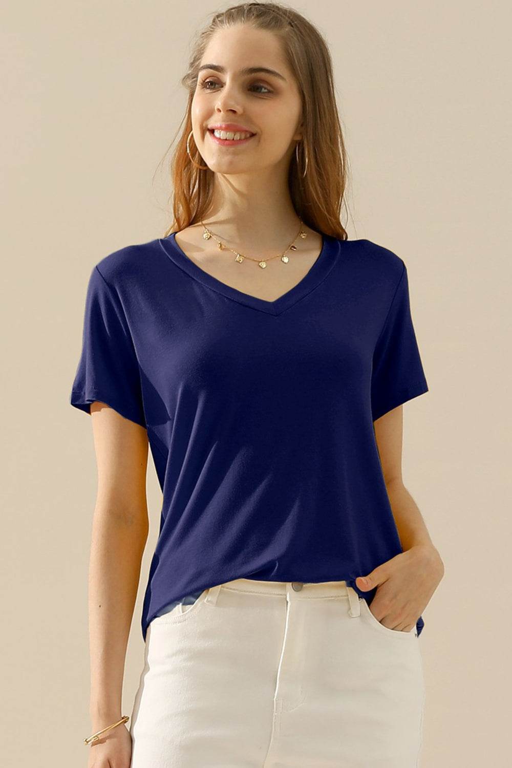 Ninexis Full Size V-Neck Short Sleeve T-Shirt - DaTrendStore.Com