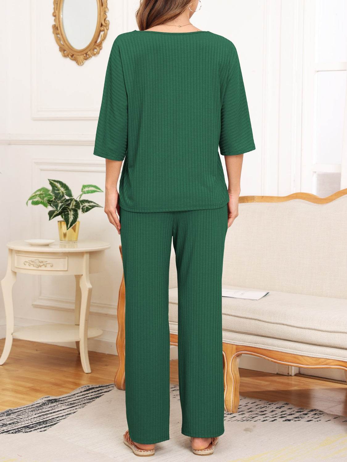 Ribbed Half Sleeve Top and Pocketed Pants Set - DaTrendStore.Com