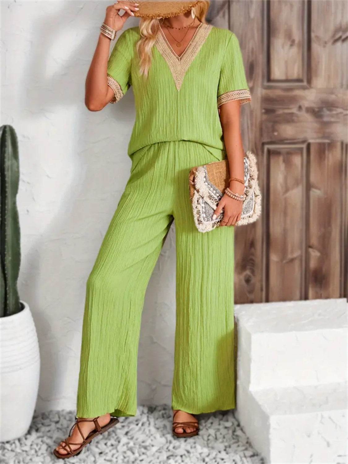 V-Neck Short Sleeve Top and Pants Set - DaTrendStore.Com