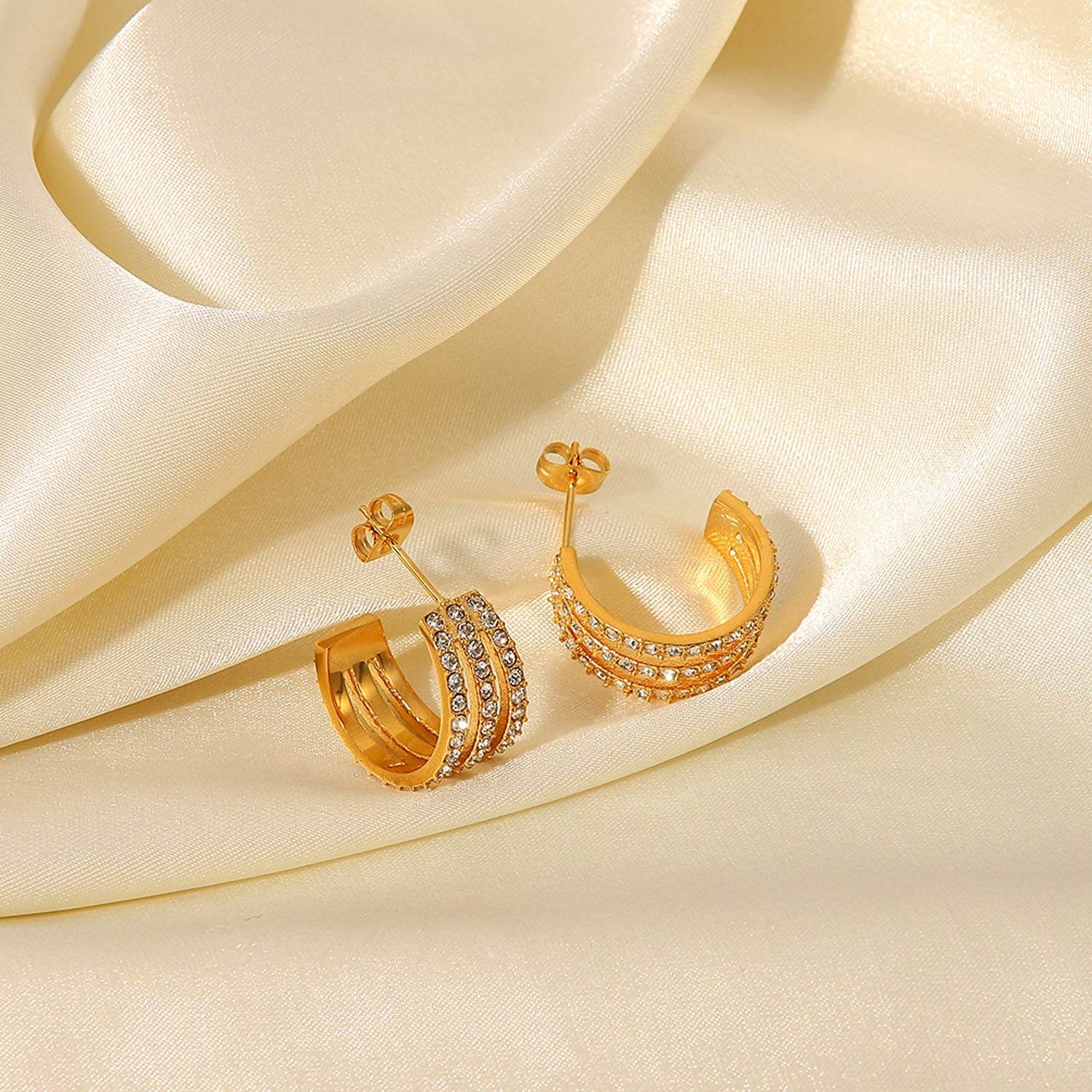 Stainless Steel Inlaid Zircon C-Hoop Earrings - DaTrendStore.Com