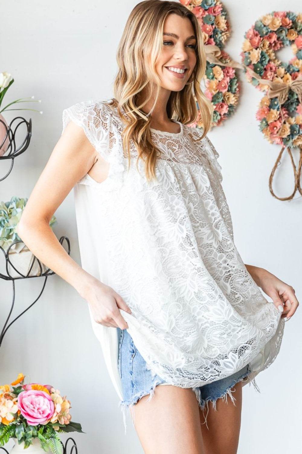 Heimish Full Size Round Neck Cap Sleeve Lace Top - DaTrendStore.Com