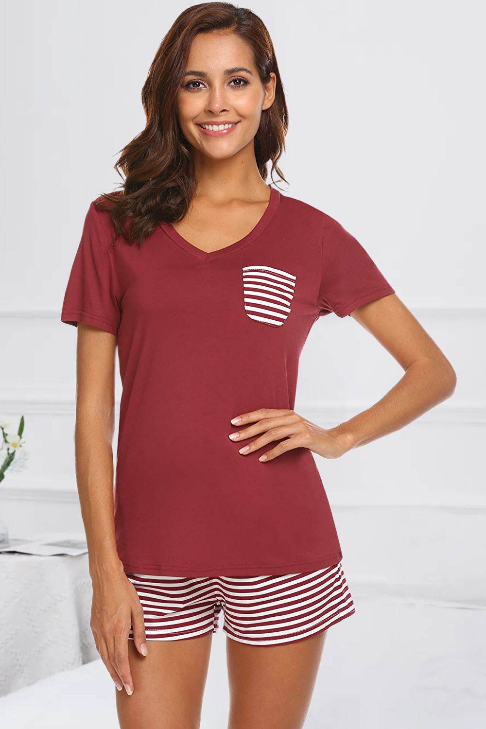 Striped Short Sleeve Top and Shorts Lounge Set - DaTrendStore.Com