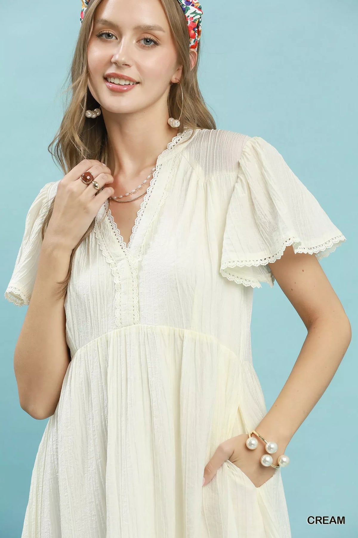 Umgee Textured Tiered Midi Dress with Side Pockets - Cream