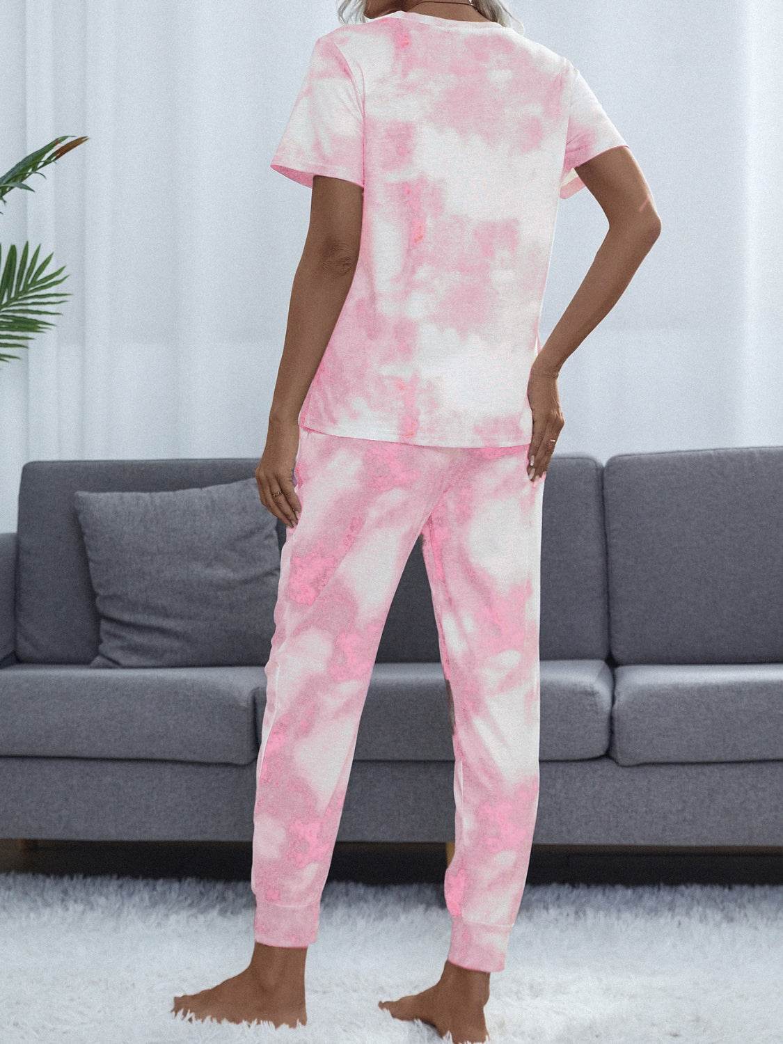 Shiny Tie-Dye Round Neck Short Sleeve Top and Pants - DaTrendStore.Com