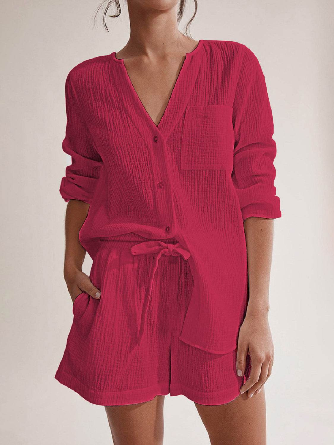 Notched Long Sleeve Top and Shorts Set - DaTrendStore.Com