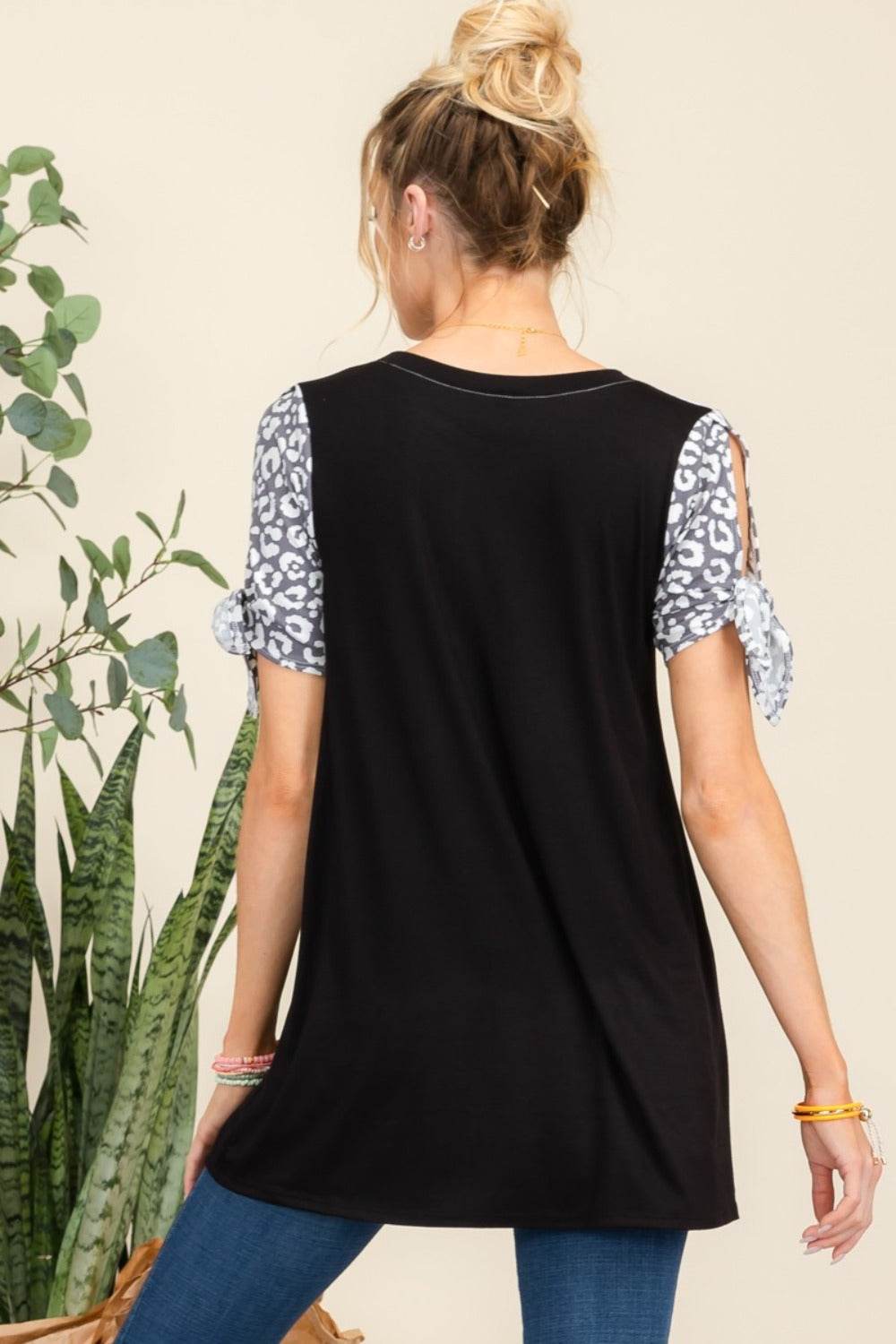 Celeste Full Size Open Tie Sleeve Leopard Color Blocked Top - DaTrendStore.Com