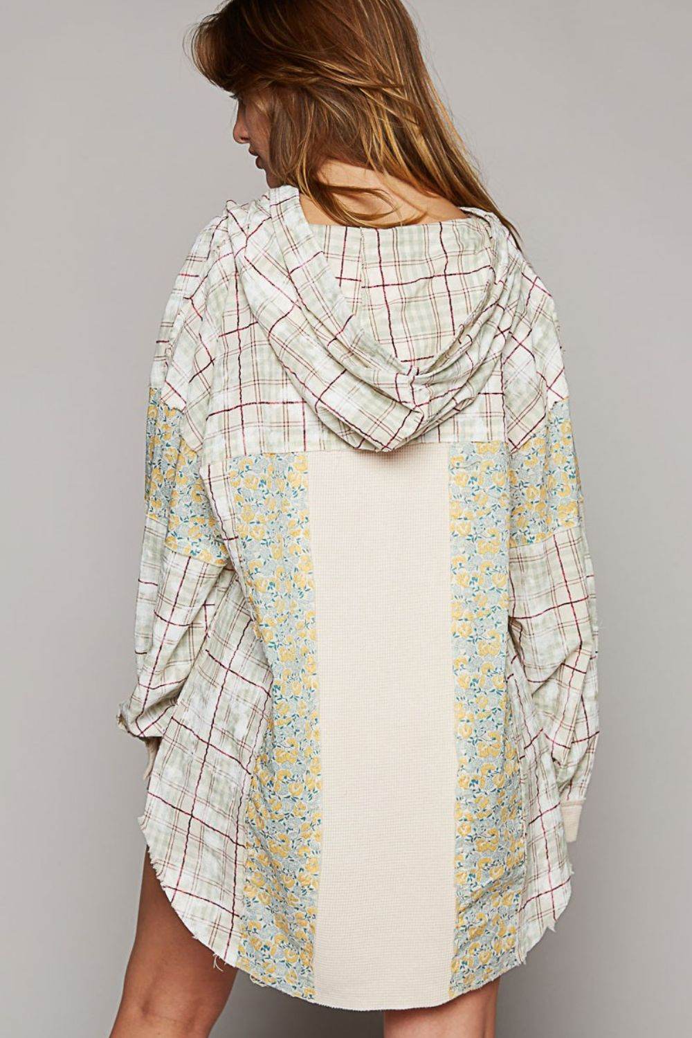 POL Long Sleeve Knit Mixed Hoodie Plaid Shirt - DaTrendStore.Com