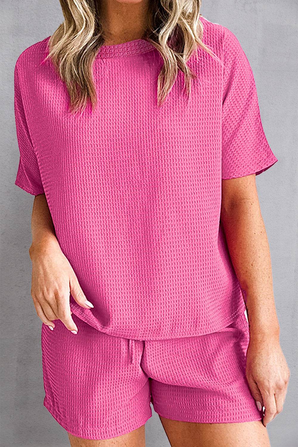 Waffle-Knit Round Neck Top and Shorts Set - DaTrendStore.Com