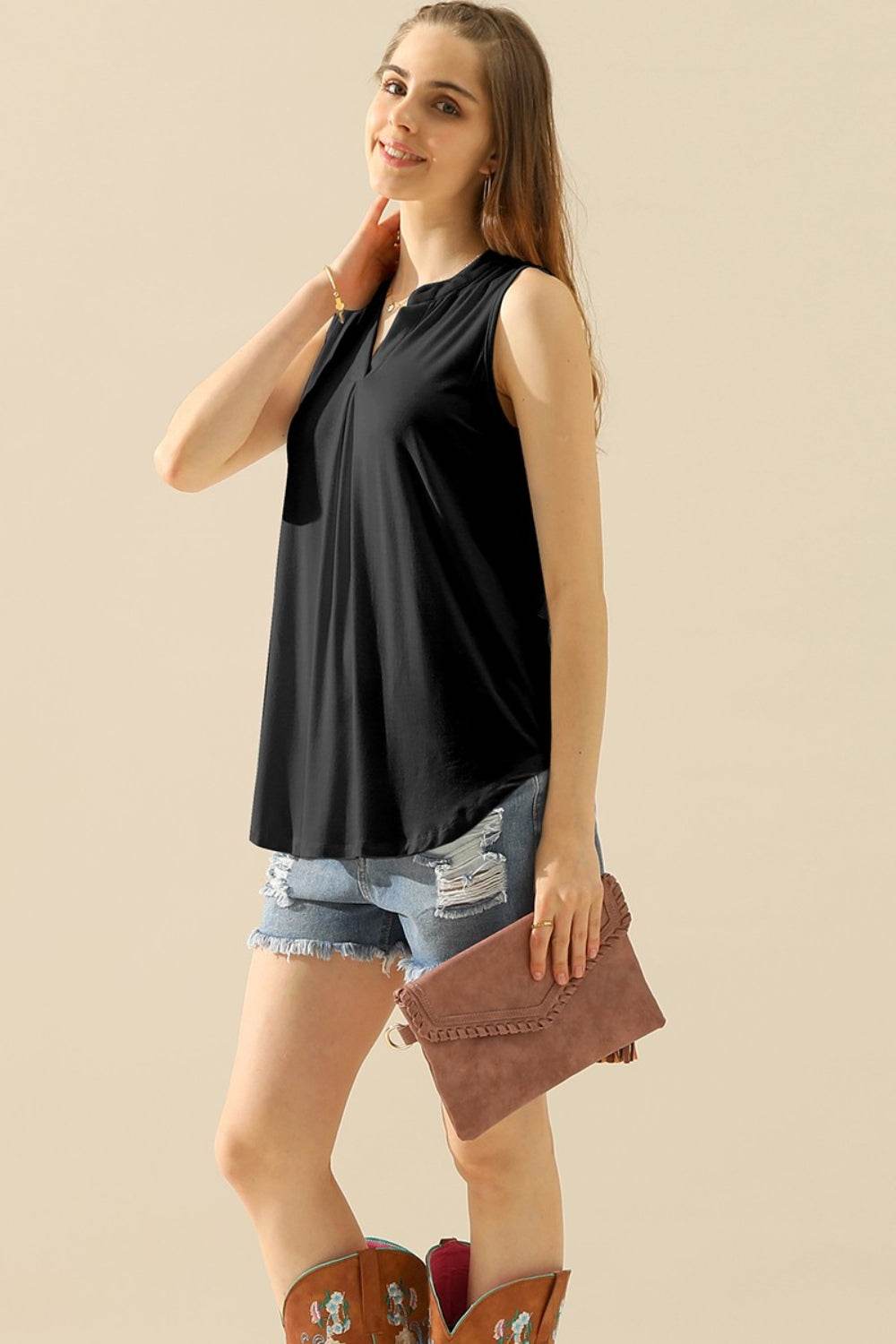 Ninexis Full Size Notched Sleeveless Top - DaTrendStore.Com