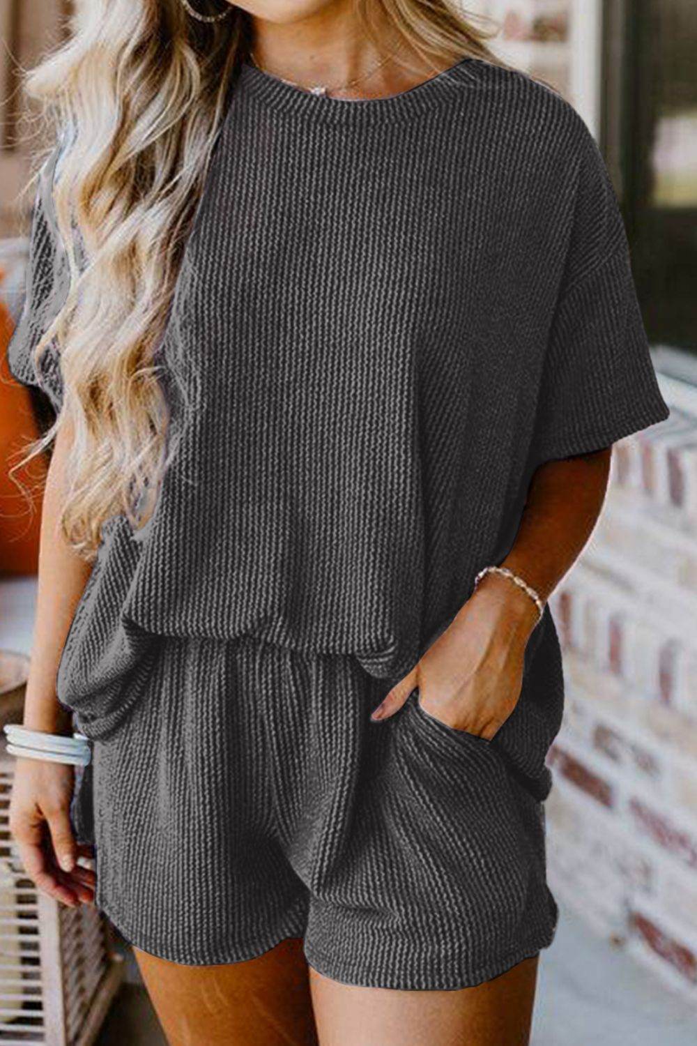 Textured Round Neck Top and Shorts Set - DaTrendStore.Com