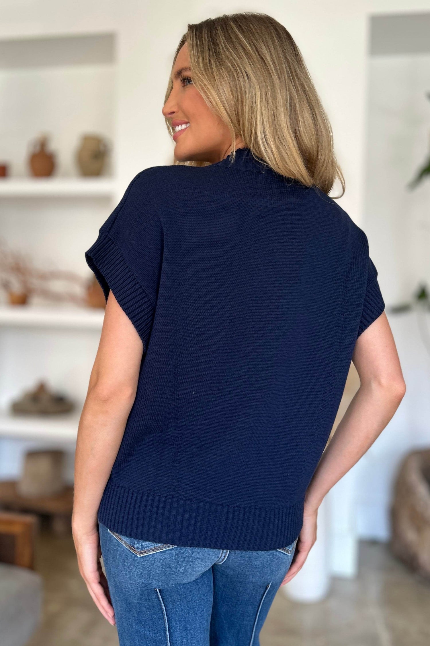 Double Take Full Size Mock Neck Short Sleeve Sweater - DaTrendStore.Com