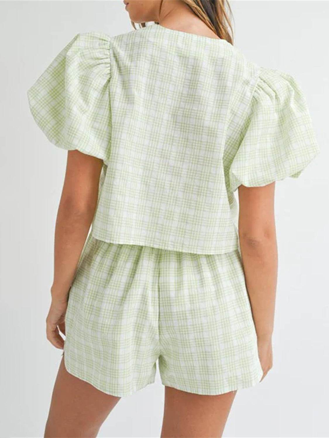 V-Neck Puff Sleeve Top and Shorts Set - DaTrendStore.Com