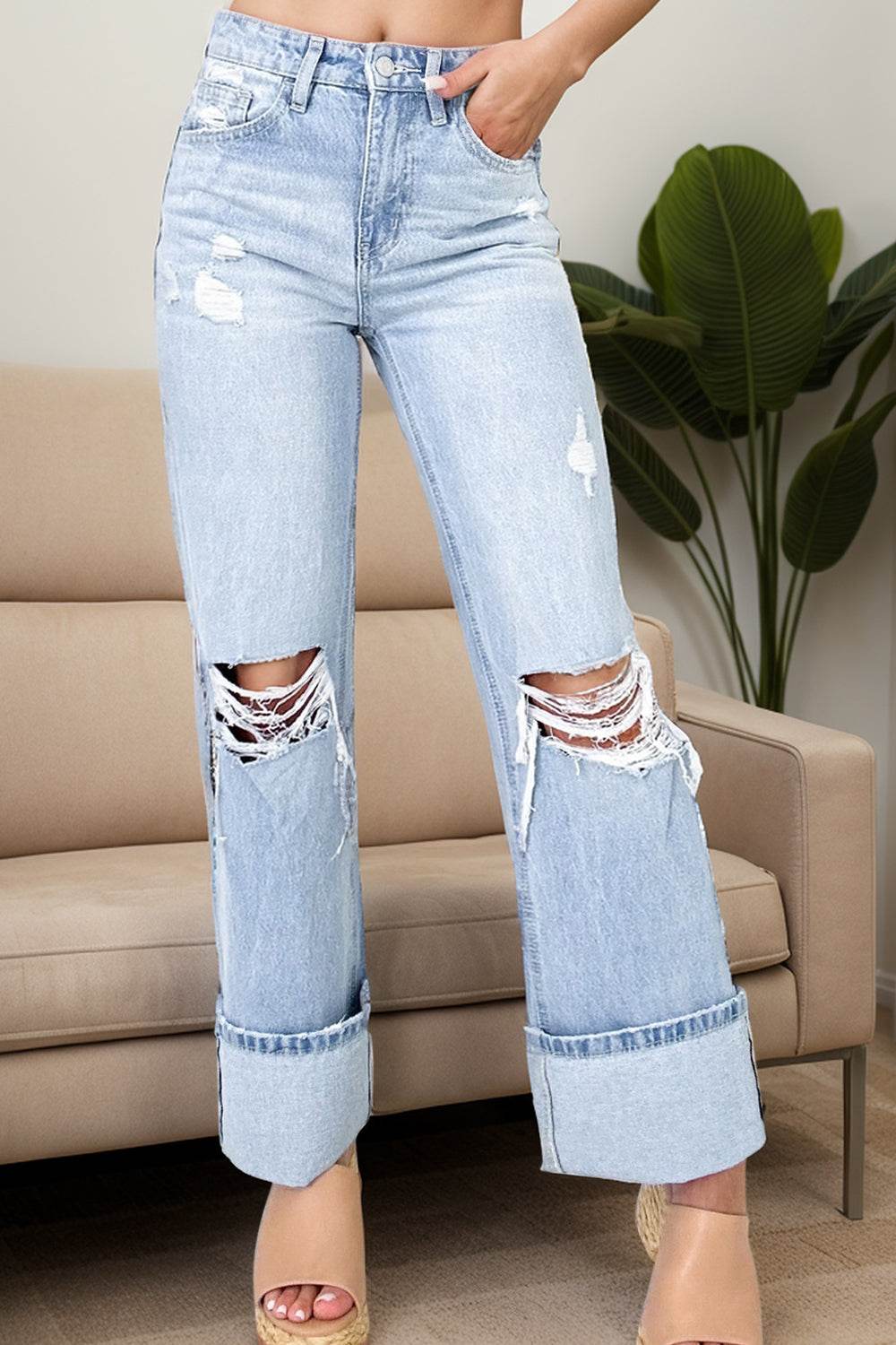 Distressed High Waist Jeans with Pockets - DaTrendStore.Com