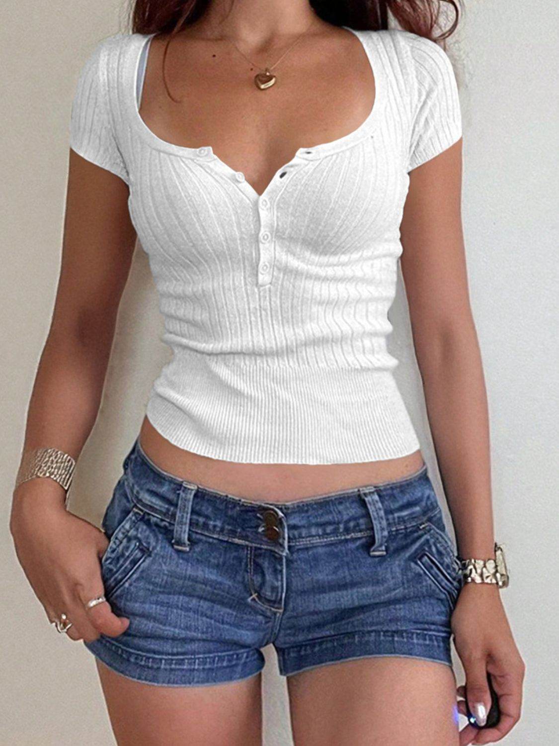 Half Button Scoop Neck Short Sleeve Knit Top - DaTrendStore.Com