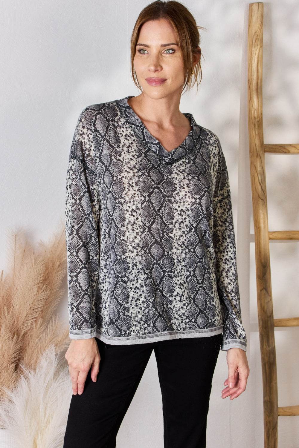 Hailey & Co Full Size Snakeskin V-Neck Long Sleeve Top - DaTrendStore.Com