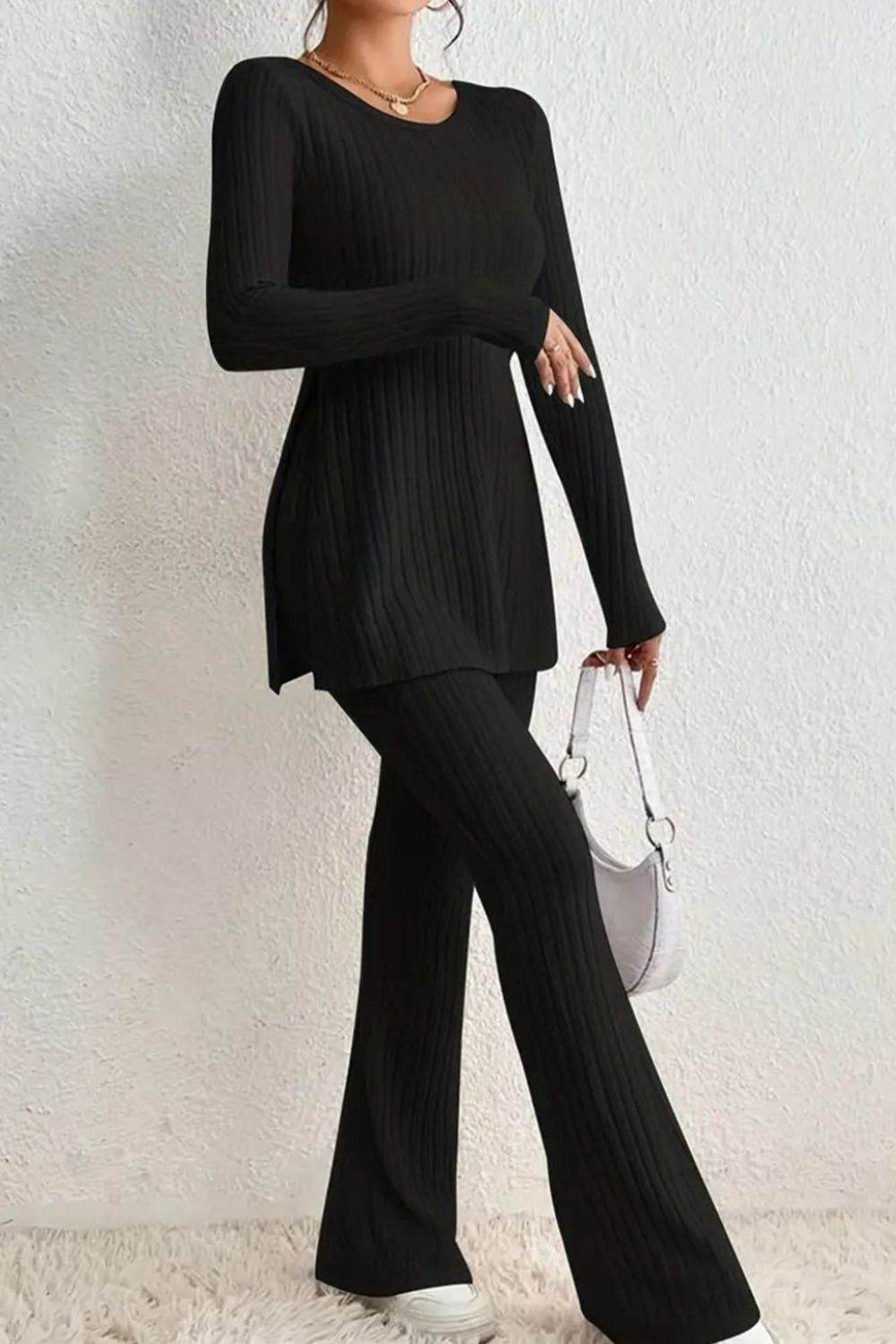 Ribbed Long Sleeve Slit Top and Bootcut Pants Set - DaTrendStore.Com