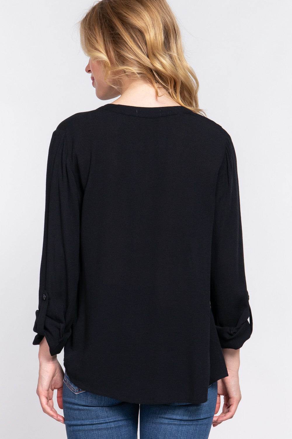 ACTIVE BASIC Full Size Notched Long Sleeve Woven Top - DaTrendStore.Com