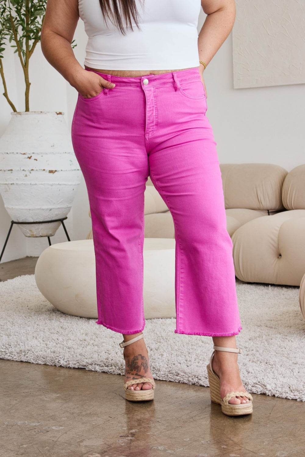 RFM Crop Chloe Full Size Tummy Control High Waist Raw Hem Jeans - DaTrendStore.Com