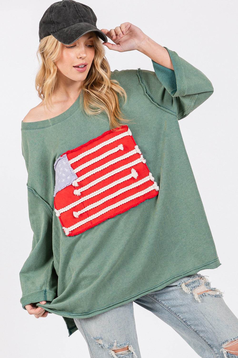 SAGE + FIG Full Size American Flag Patch Drop Shoulder T-Shirt - DaTrendStore.Com