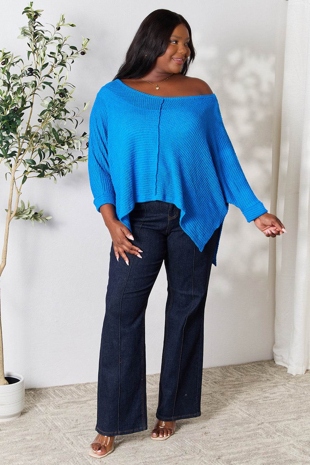 Zenana Full Size Round Neck High-Low Slit Knit Top - DaTrendStore.Com
