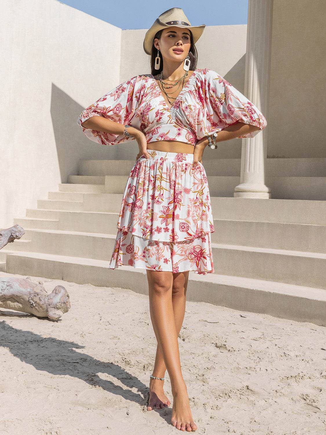 Printed Half Sleeve Top and Layered Skirt Set - DaTrendStore.Com
